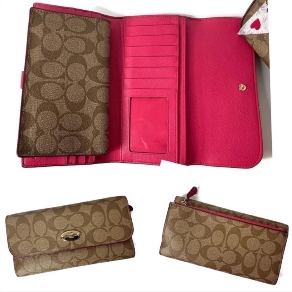 Coach Khaki Brown Pink Signature C Tote Bag Wallet Check Scarf Set 34603 Barbie